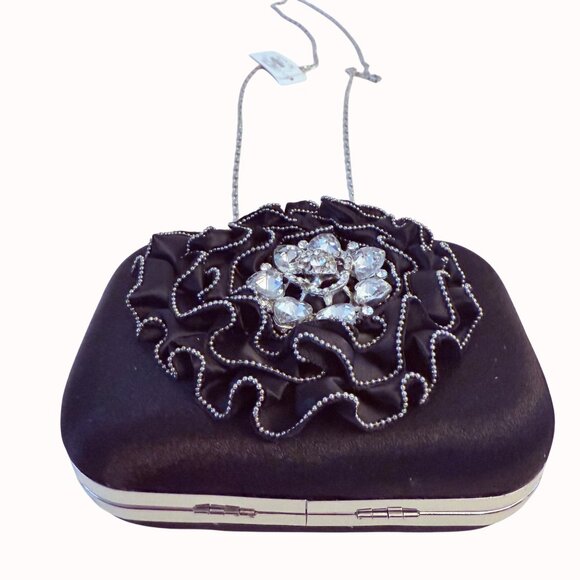 Charming Charlie Black Satin Clutch Purse Rhinestone Evening Bag Hard Case Ruffl - Picture 4 of 15